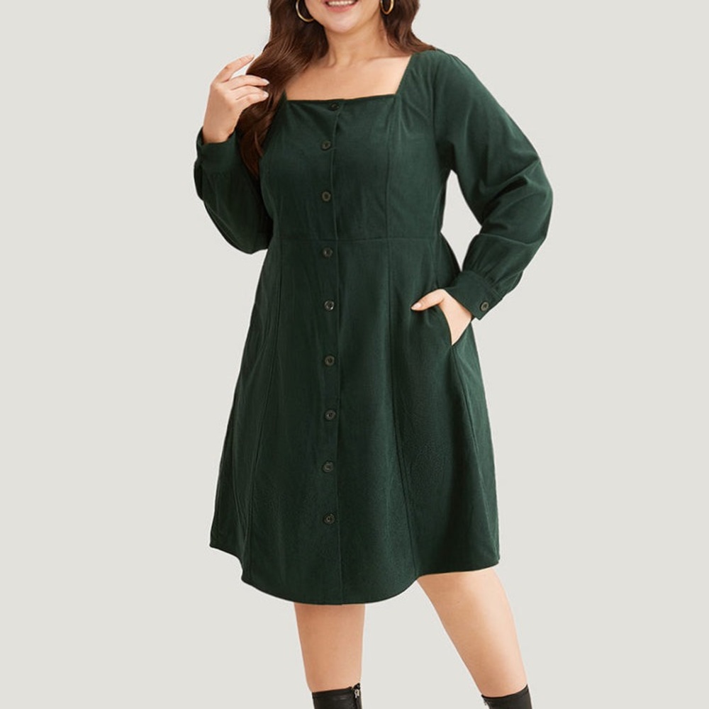 BloomChic Dark Green Square-Neck Button Front Long Sleeve Dress